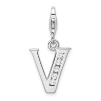 Amore La Vita Sterling Silver Rhodium-plated Polished CZ Letter V Initial Charm with Fancy Lobster Clasp view 1