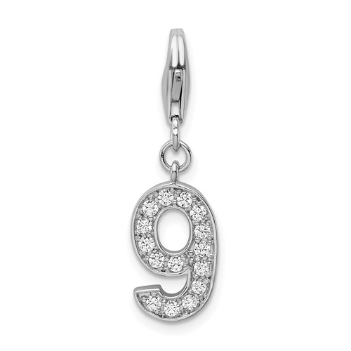 Sterling Silver RH CZ Numeral 9 Charm with Lobster Clasp