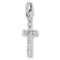 Amore La Vita Sterling Silver Rhodium-plated Polished CZ Letter T Initial Charm with Fancy Lobster Clasp view 4
