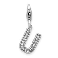 Amore La Vita Sterling Silver Rhodium-plated Polished CZ Letter U Initial Charm with Fancy Lobster Clasp view 1