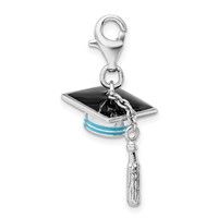 Amore La Vita Sterling Silver Rhodium-plated Polished 3-D Moveable Blue Enameled Graduation Cap Charm with Fancy Lobster Clasp view 2