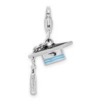Amore La Vita Sterling Silver Rhodium-plated Polished 3-D Moveable Blue Enameled Graduation Cap Charm with Fancy Lobster Clasp view 3