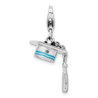 Amore La Vita Sterling Silver Rhodium-plated Polished 3-D Moveable Blue Enameled Graduation Cap Charm with Fancy Lobster Clasp view 1