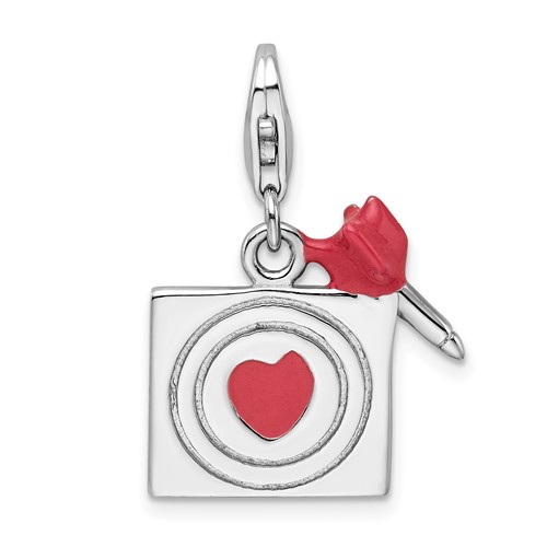 Amore La Vita Sterling Silver Rhodium-plated Polished Enameled Bullseye and Heart Arrow Charm with Fancy Lobster Clasp