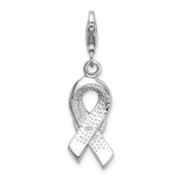Amore La Vita Sterling Silver Rhodium-plated Polished 3-D Enameled with CZ Pink Awareness Ribbon and Heart Charm with Fancy Lobster Clasp view 3