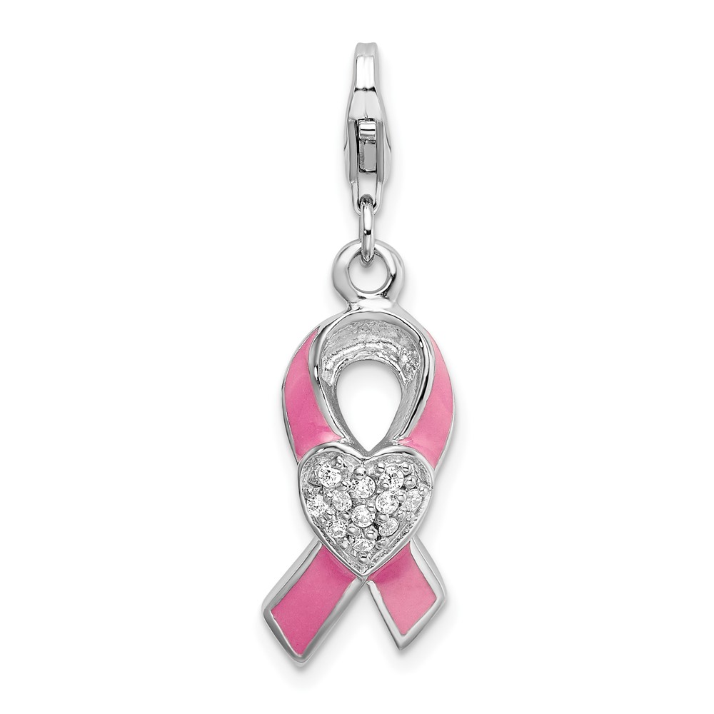 Amore La Vita Sterling Silver Rhodium-plated Polished 3-D Enameled with CZ Pink Awareness Ribbon and Heart Charm with Fancy Lobster Clasp