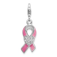 Amore La Vita Sterling Silver Rhodium-plated Polished 3-D Enameled with CZ Pink Awareness Ribbon and Heart Charm with Fancy Lobster Clasp view 1