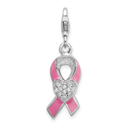 Amore La Vita Sterling Silver Rhodium-plated Polished 3-D Enameled with CZ Pink Awareness Ribbon and Heart Charm with Fancy Lobster Clasp