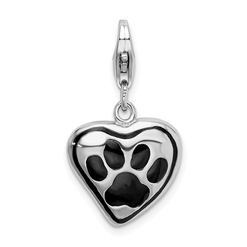 Amore La Vita Sterling Silver Rhodium-plated Polished Enameled Heart Charm with Dog Paw Print