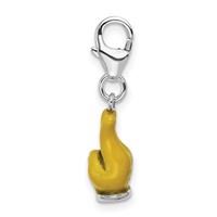 Amore La Vita Sterling Silver Rhodium-plated Polished 3-D Yellow Enameled Hand with Peace Sign Charm with Fancy Lobster Clasp view 2
