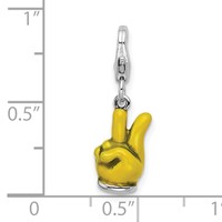 Amore La Vita Sterling Silver Rhodium-plated Polished 3-D Yellow Enameled Hand with Peace Sign Charm with Fancy Lobster Clasp view 4