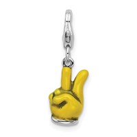 Amore La Vita Sterling Silver Rhodium-plated Polished 3-D Yellow Enameled Hand with Peace Sign Charm with Fancy Lobster Clasp view 1