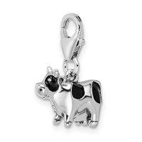 Amore La Vita Sterling Silver Rhodium-plated Polished 3-D Enameled Cow Charm with Fancy Lobster Clasp view 4