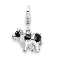 Amore La Vita Sterling Silver Rhodium-plated Polished 3-D Enameled Cow Charm with Fancy Lobster Clasp view 1