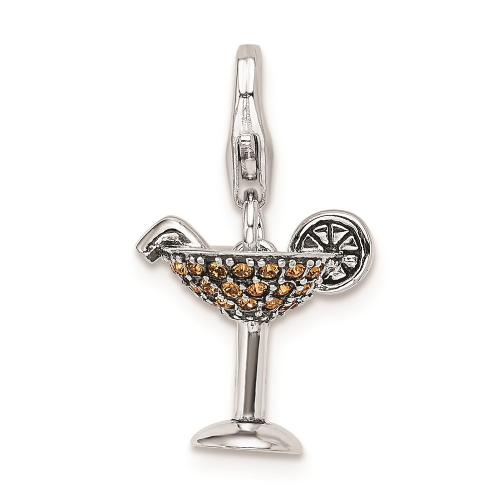 Sterling Silver Rhodium Yellow Crystal Martini Glass W Lobster Clasp Charm