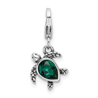 Amore La Vita Sterling Silver Rhodium-plated Polished 3-D Green Crystal Turtle Charm with Fancy Lobster Clasp view 1