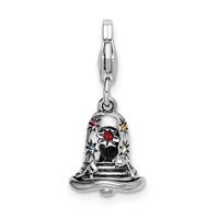 Amore La Vita Sterling Silver Rhodium-plated Polished 3-D Pink Red Blue Yellow and Green Crystal Bell Charm with Fancy Lobster Clasp view 3