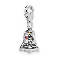 Amore La Vita Sterling Silver Rhodium-plated Polished 3-D Pink Red Blue Yellow and Green Crystal Bell Charm with Fancy Lobster Clasp view 4