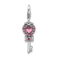 Amore La Vita Sterling Silver Rhodium-plated Polished 3-D Pink and Blue Crystal Enameled Reversible Heart Key Charm with Fancy Lobster Clasp view 3