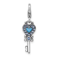 Amore La Vita Sterling Silver Rhodium-plated Polished 3-D Pink and Blue Crystal Enameled Reversible Heart Key Charm with Fancy Lobster Clasp view 1