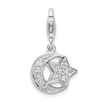 Amore La Vita Sterling Silver Rhodium-plated Polished CZ Moon and Star Charm with Fancy Lobster Clasp view 1