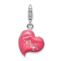 Amore La Vita Sterling Silver Rhodium-plated Polished 3-D Pink Enameled Love Heart Charm with Fancy Lobster Clasp view 3