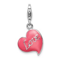 Amore La Vita Sterling Silver Rhodium-plated Polished 3-D Pink Enameled Love Heart Charm with Fancy Lobster Clasp view 1