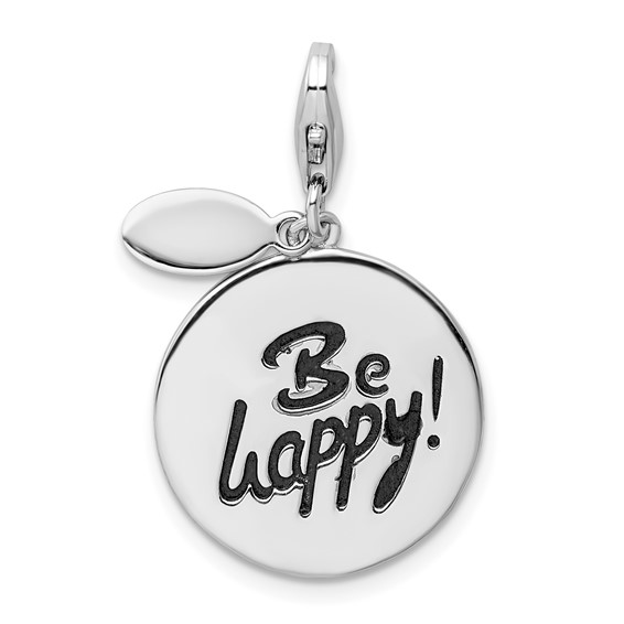Amore La Vita Sterling Silver Rhodium-plated Polished BE HAPPY! Charm with Fancy Lobster Clasp