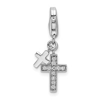 Amore La Vita Sterling Silver Rhodium-plated Polished CZ Two Cross Charm with Fancy Lobster Clasp view 4