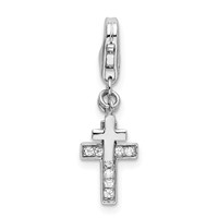 Amore La Vita Sterling Silver Rhodium-plated Polished CZ Two Cross Charm with Fancy Lobster Clasp view 1
