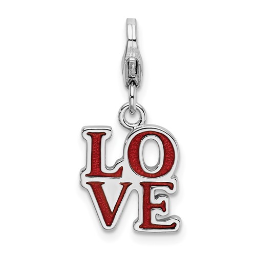 Amore La Vita Sterling Silver Rhodium-plated Polished Red Enameled Love Charm with Fancy Lobster Clasp