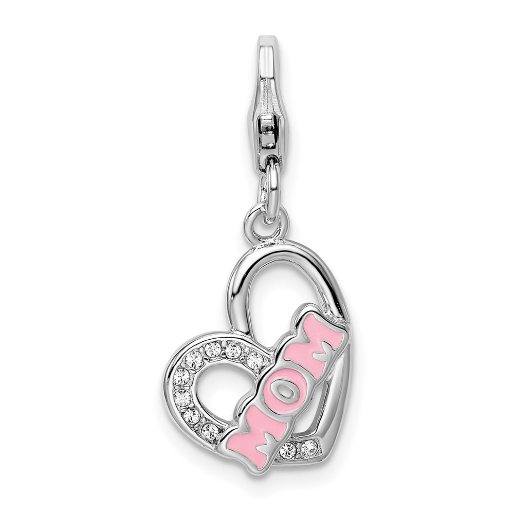 Amore La Vita Sterling Silver Rhodium-plated Polished Enameled with Crystal Mom Heart Charm with Fancy Lobster Clasp