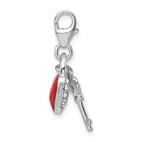 Amore La Vita Sterling Silver Rhodium-plated Polished Reversible Red Enameled Winged Heart and Key with Crystal Charm with Fancy Lobster Clasp view 2