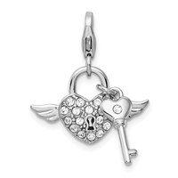 Amore La Vita Sterling Silver Rhodium-plated Polished Reversible Red Enameled Winged Heart and Key with Crystal Charm with Fancy Lobster Clasp view 3