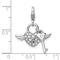 Amore La Vita Sterling Silver Rhodium-plated Polished Reversible Red Enameled Winged Heart and Key with Crystal Charm with Fancy Lobster Clasp view 4