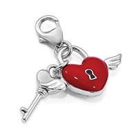 Amore La Vita Sterling Silver Rhodium-plated Polished Reversible Red Enameled Winged Heart and Key with Crystal Charm with Fancy Lobster Clasp view 5
