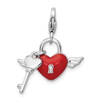 Amore La Vita Sterling Silver Rhodium-plated Polished Reversible Red Enameled Winged Heart and Key with Crystal Charm with Fancy Lobster Clasp view 1