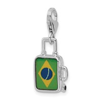 Amore La Vita Sterling Silver Rhodium-plated Polished 3-D Enameled Brazilian Flag Suitcase Charm with Fancy Lobster Clasp view 4