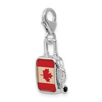 Amore La Vita Sterling Silver Rhodium-plated Polished 3-D Enameled Canadian Flag Suitcase Charm with Fancy Lobster Clasp view 4