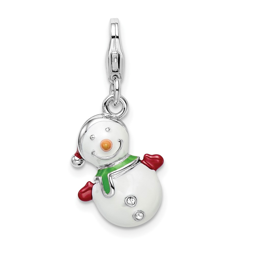 Amore La Vita Sterling Silver Rhodium-plated Polished 3-D Enameled Charm with Crystal Snowman Lobster Clasp