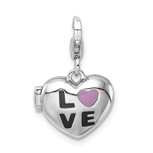 Amore La Vita Sterling Silver Rhodium-plated Polished 3-D Enameled CZ Love Heart Locket Charm with Fancy Lobster Clasp