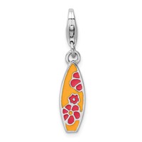 Amore La Vita Sterling Silver Rhodium-plated Polished Enameled Surf Board Charm with Flowers Lobster Clasp view 1