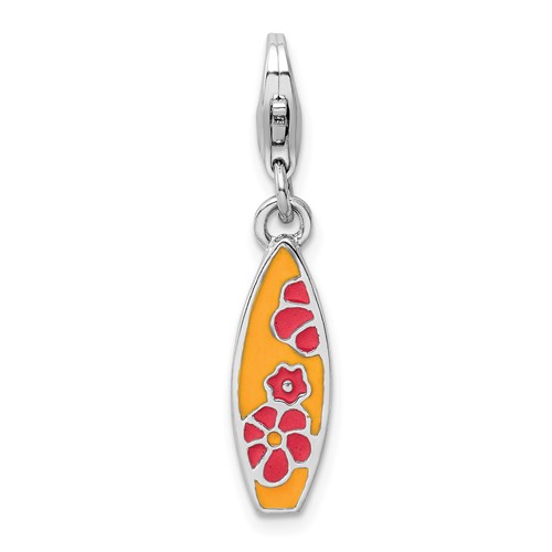 Amore La Vita Sterling Silver Rhodium-plated Polished Enameled Surf Board Charm with Flowers Lobster Clasp