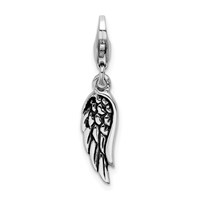 Amore La Vita Sterling Silver Rhodium-plated Polished 3-D Oxidized Wing Charm with Fancy Lobster Clasp view 3