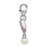 Amore La Vita Sterling Silver Rhodium-plated Polished 3-D Winged Enameled Red Heart and Freshwater Cultured Pearl Dangle Charm with Fancy Lobster Clasp view 2