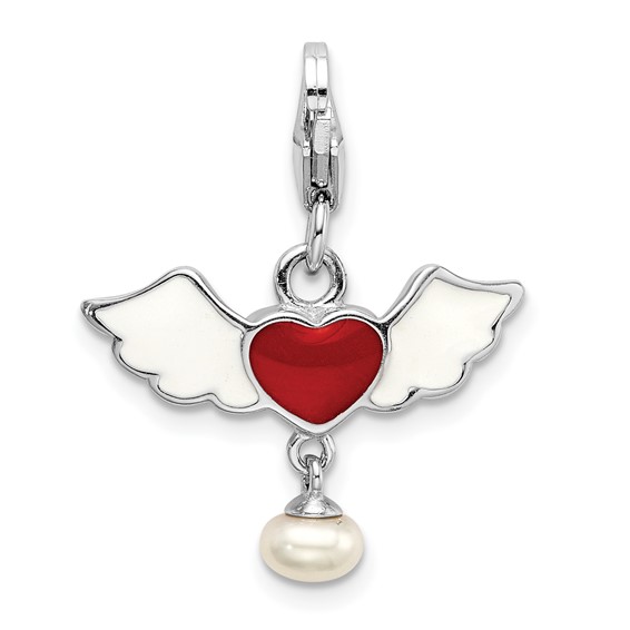 Amore La Vita Sterling Silver Rhodium-plated Polished 3-D Winged Enameled Red Heart and Freshwater Cultured Pearl Dangle Charm with Fancy Lobster Clasp
