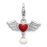 Amore La Vita Sterling Silver Rhodium-plated Polished 3-D Winged Enameled Red Heart and Freshwater Cultured Pearl Dangle Charm with Fancy Lobster Clasp view 1