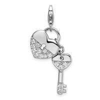 Amore La Vita Sterling Silver Rhodium-plated Polished CZ Heart and Key Charm with Fancy Lobster Clasp view 1