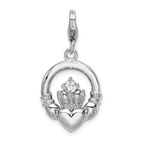 Amore La Vita Sterling Silver Rhodium-plated Polished Clear CZ Claddagh Charm with Fancy Lobster Clasp view 1