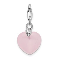 Amore La Vita Sterling Silver Rhodium-plated Polished 3-D Rose Quartz Heart Charm with Fancy Lobster Clasp view 3